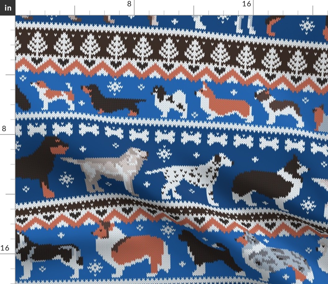 Large jumbo scale // Fluffy and bright fair isle knitting doggie friends // classic and electric blue background brown orange white and grey dog breeds 