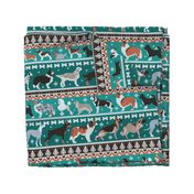 Large jumbo scale // Fluffy and bright fair isle knitting doggie friends // pine and java green background brown orange white and grey dog breeds 