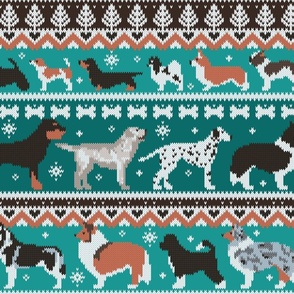 Large jumbo scale // Fluffy and bright fair isle knitting doggie friends // pine and java green background brown orange white and grey dog breeds 