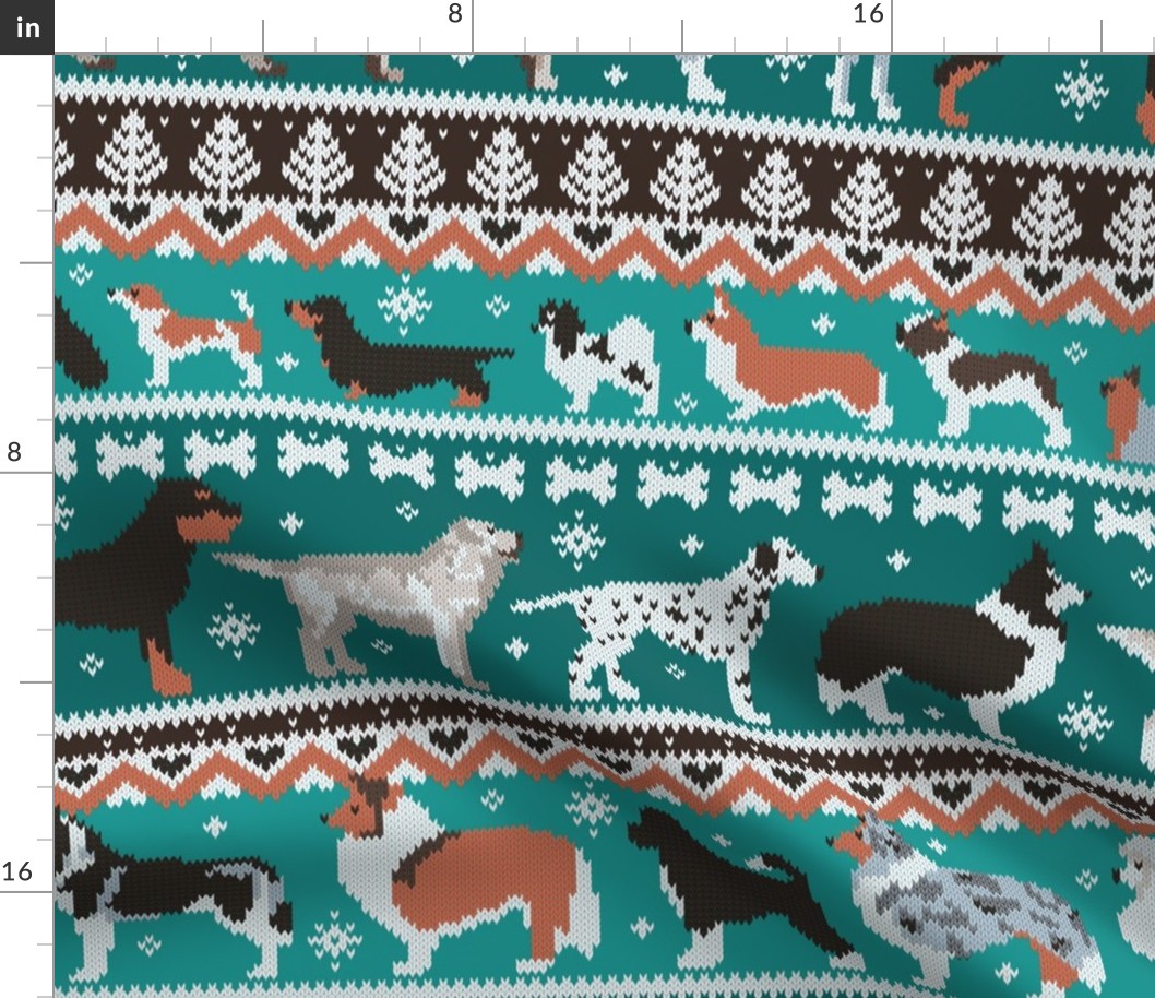 Large jumbo scale // Fluffy and bright fair isle knitting doggie friends // pine and java green background brown orange white and grey dog breeds 