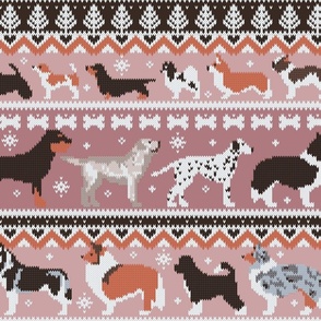Large jumbo scale // Fluffy and bright fair isle knitting doggie friends // dry rose and careys pink background brown orange white and grey dog breeds 