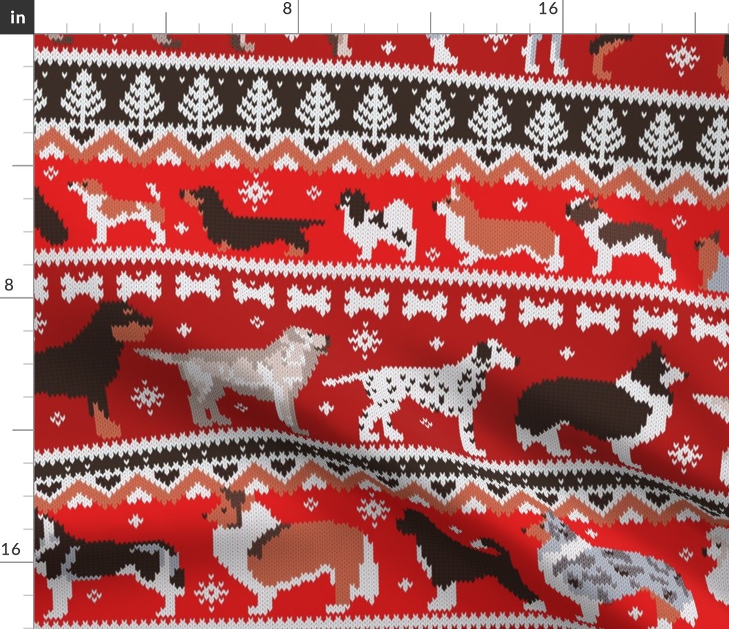 Large jumbo scale // Fluffy and bright fair isle knitting doggie friends // fire brick and fire engine red background brown orange white and grey dog breeds 