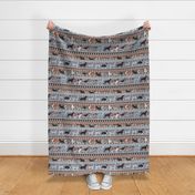 Normal scale // Fluffy and bright fair isle knitting doggie friends // grey and taupe brown background brown orange white and grey dog breeds 