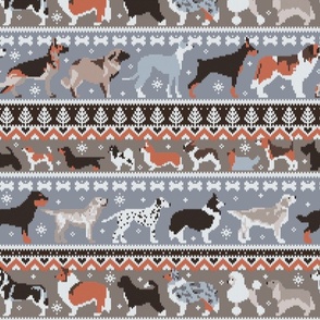 Normal scale // Fluffy and bright fair isle knitting doggie friends // grey and taupe brown background brown orange white and grey dog breeds 