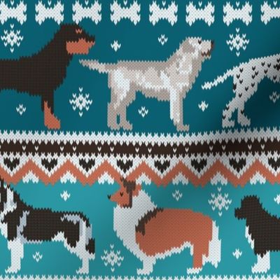Normal scale // Fluffy and bright fair isle knitting doggie friends // teal background brown orange white and grey dog breeds 
