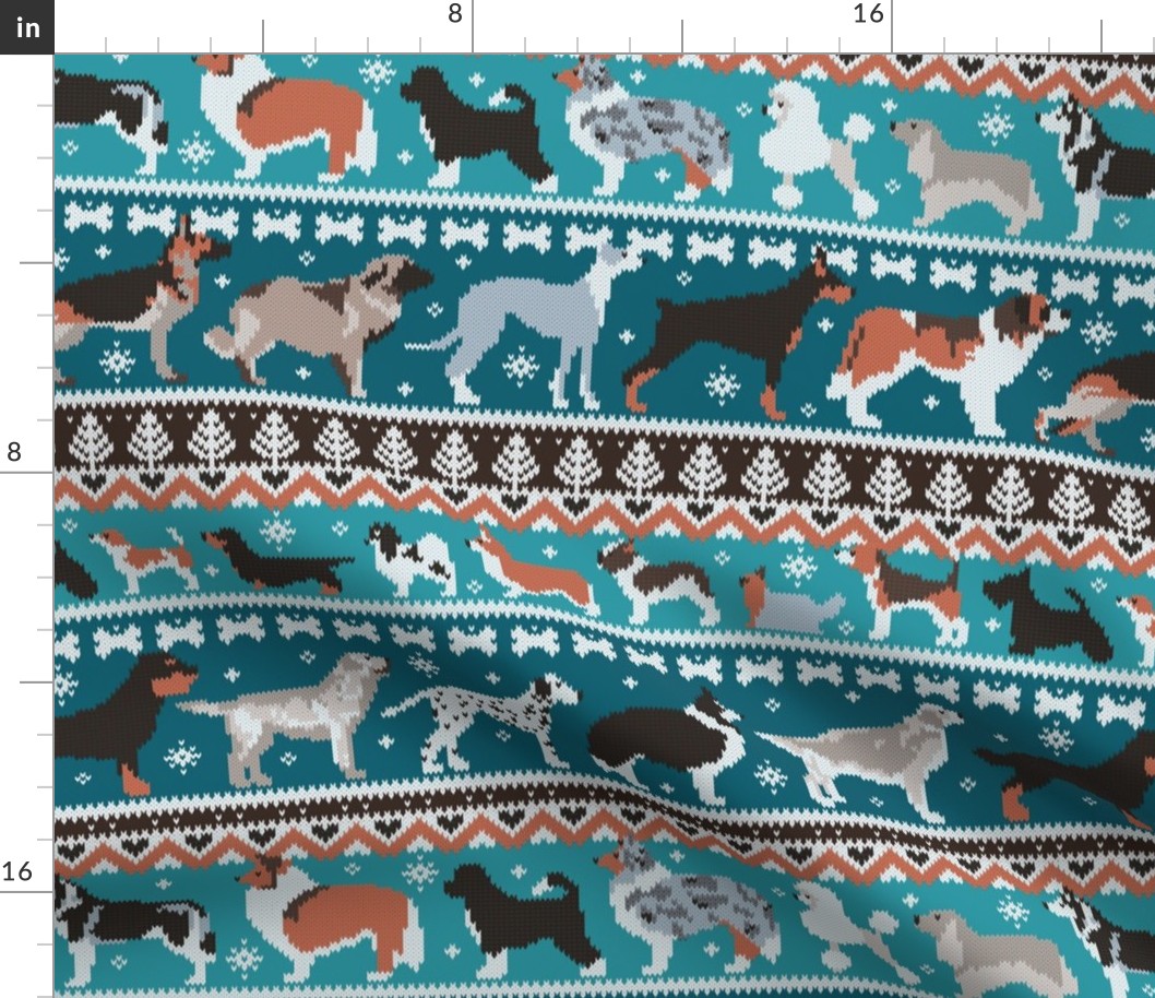 Normal scale // Fluffy and bright fair isle knitting doggie friends // teal background brown orange white and grey dog breeds 