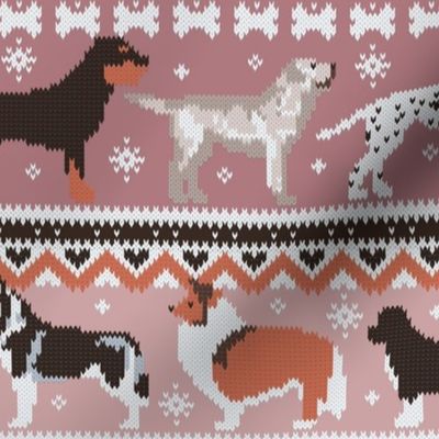 Normal scale // Fluffy and bright fair isle knitting doggie friends // dry rose and careys pink background brown orange white and grey dog breeds 