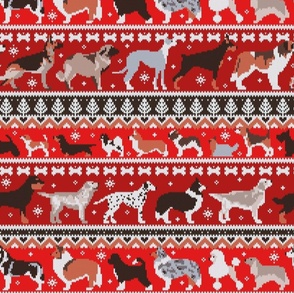 Normal scale // Fluffy and bright fair isle knitting doggie friends // fire brick and fire engine red background brown orange white and grey dog breeds 