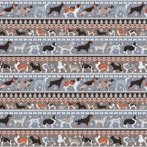 Tiny scale // Tiny scale // Fluffy and bright fair isle knitting doggie friends // grey and taupe brown background brown orange white and grey dog breeds 