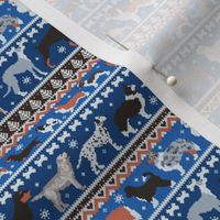 Tiny scale // Fluffy and bright fair isle knitting doggie friends // classic and electric blue background brown orange white and grey dog breeds 