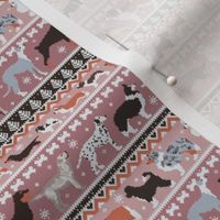 Tiny scale // Fluffy and bright fair isle knitting doggie friends // dry rose and careys pink background brown orange white and grey dog breeds 