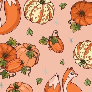 Retro Fox and Autumn Pumpkins Line Filled Illustration Medium