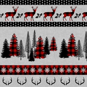Red Buffalo plaid and linen striped blanket with deers, antlers, snowflakes