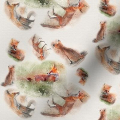Small Watercolor Multidirectional Foxes in Circles on Cream Background