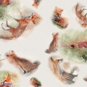 6x6-Inch Half-Drop Repeat of Watercolor Multidirectional Foxes in Circles on Cream Background