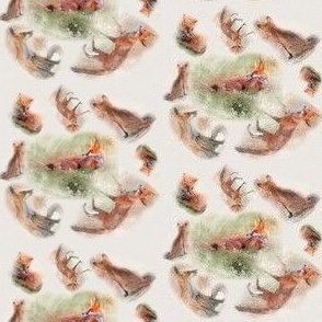 Tiny Watercolor Multidirectional Foxes in Circles on Cream Background