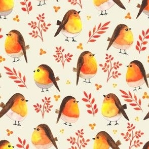 Small Watercolor Cute Orange Birds, Colorful and Happy Autumn Animals, Painting