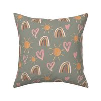 Hearts,  sunshine and rainbows in sage Medium