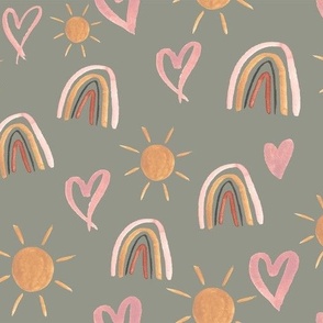 Hearts,  sunshine and rainbows in sage Medium