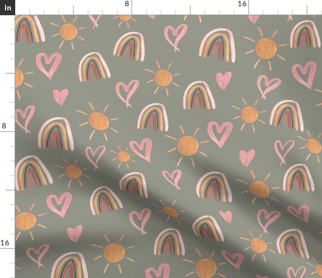 Hearts,  sunshine and rainbows in sage Medium