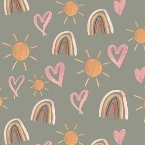 Hearts, sunshine and rainbows in sage Small