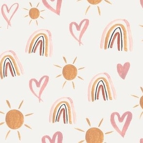 Watercolor pastel Hearts,  sunshine and rainbows Medium on cream