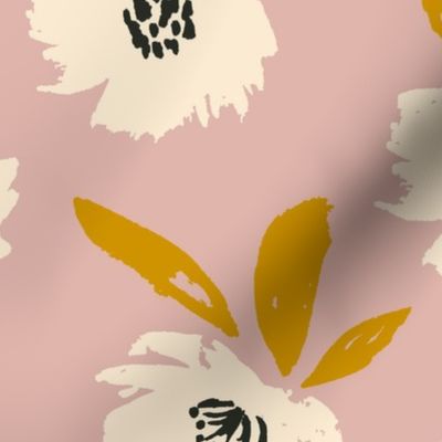 Cream flowers and mustard gold leaves on pink (large scale)