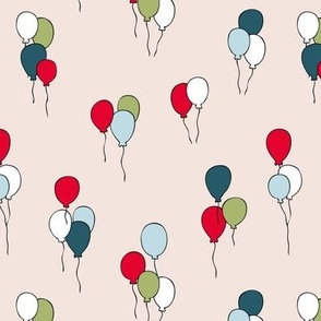 Happy birthday balloon party celebration design with balloons in colorful classic winter christmas palette gender neutral on blush sand 