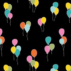 Happy birthday balloon party celebration design with balloons in colorful green blue orange pink on black 