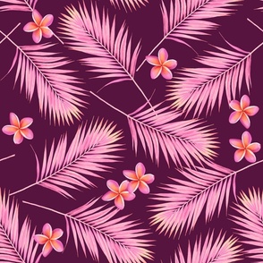 palm leaves and plumeria on plum purple