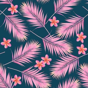 pink palm and plumeria on blue