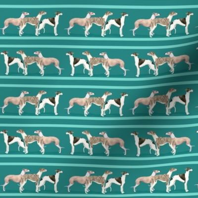 Custom Three Small Scale Whippets on a Turquoise Stripe