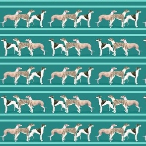 Custom Three Small Scale Whippets on a Turquoise Stripe