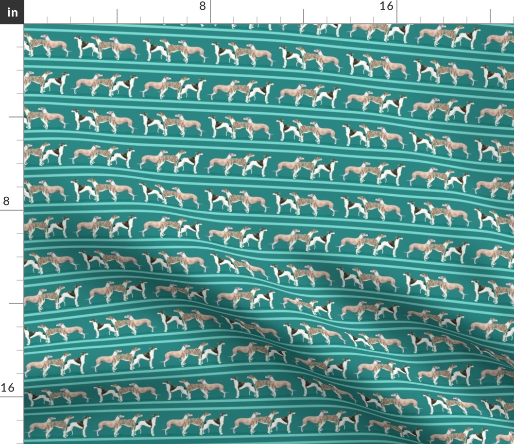 Custom Three Small Scale Whippets on a Turquoise Stripe