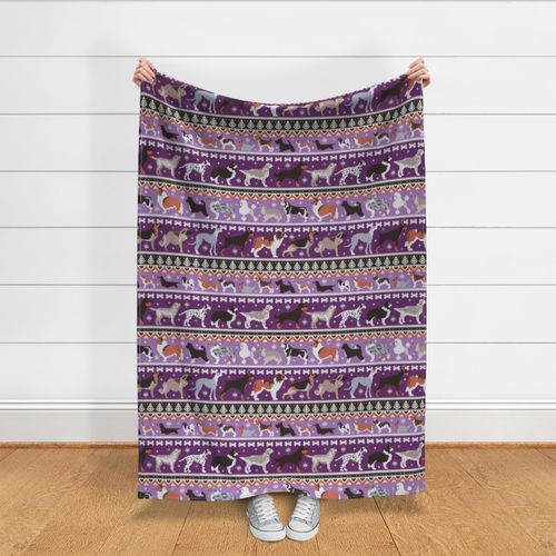 Large jumbo scale // Fluffy and bright fair isle knitting doggie friends // seance purple and east side violet background brown orange white and grey dog breeds 