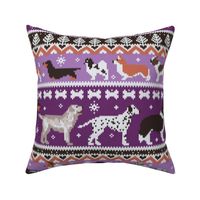 Large jumbo scale // Fluffy and bright fair isle knitting doggie friends // seance purple and east side violet background brown orange white and grey dog breeds 