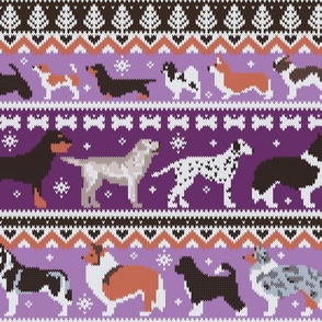 Large jumbo scale // Fluffy and bright fair isle knitting doggie friends // seance purple and east side violet background brown orange white and grey dog breeds 