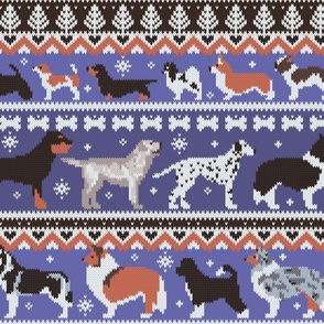 Large jumbo scale // Fluffy and bright fair isle knitting doggie friends // very peri Pantone color of the year 2022 and victoria blue background brown orange white and grey dog breeds 