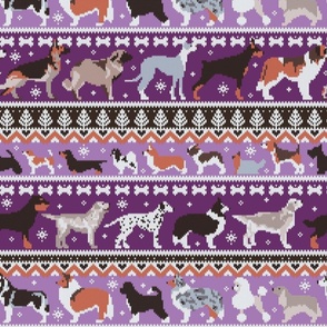 Normal scale // Fluffy and bright fair isle knitting doggie friends // seance purple and east side violet background brown orange white and grey dog breeds 