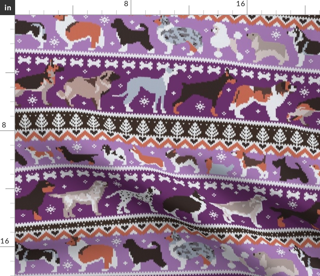 Normal scale // Fluffy and bright fair isle knitting doggie friends // seance purple and east side violet background brown orange white and grey dog breeds 