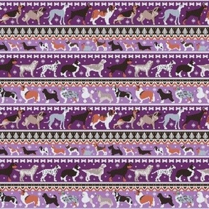 Tiny scale // Fluffy and bright fair isle knitting doggie friends // seance purple and east side violet background brown orange white and grey dog breeds 