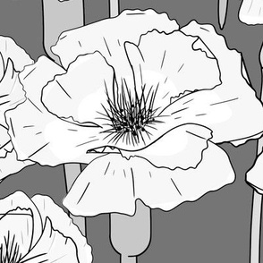 Large Scale Woodblock Poppies Grey 