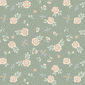 Playful Fantasy Florals with Insects |  Cream on Green | 6