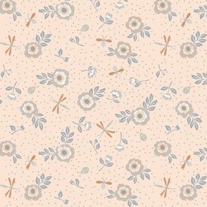 Playful Fantasy Florals with Insects | Blue on Peach | 6