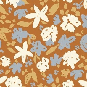 boho fall floral in brown, blue and cream / medium / whimsical floral sketch