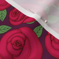 ruby red roses line drawing floral on dark plum purple background