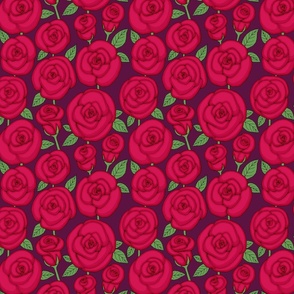 ruby red roses line drawing floral on dark plum purple background
