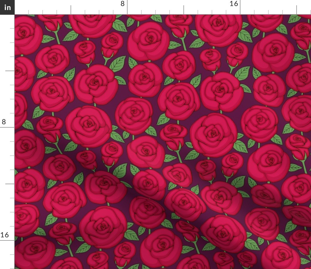 ruby red roses line drawing floral on dark plum purple background