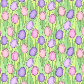 pink mauve lilac purple tulips line drawing floral on chartreuse green background