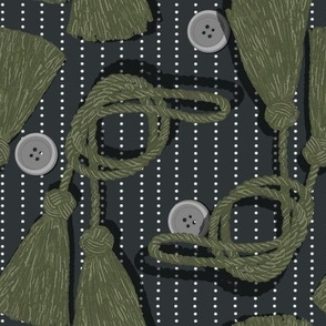Tassels and Buttons on Stripes - Charcoal, Gray, Green